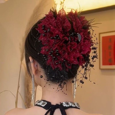 Luxury Crystal Double Flower Clip – Deep Red