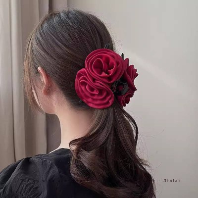 New Double Rose Fabric Hair Clip / red (double flower)