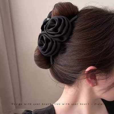 New Double Rose Fabric Hair Clip/black (double flower)