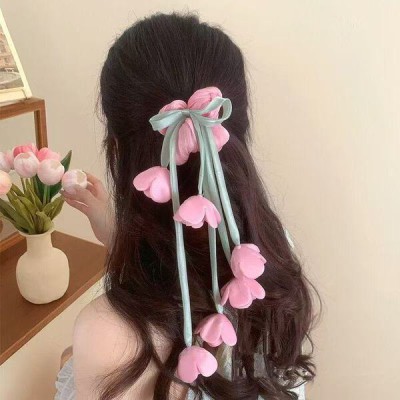 Sweet Tulip Ribbon Hair Clip- baby pink